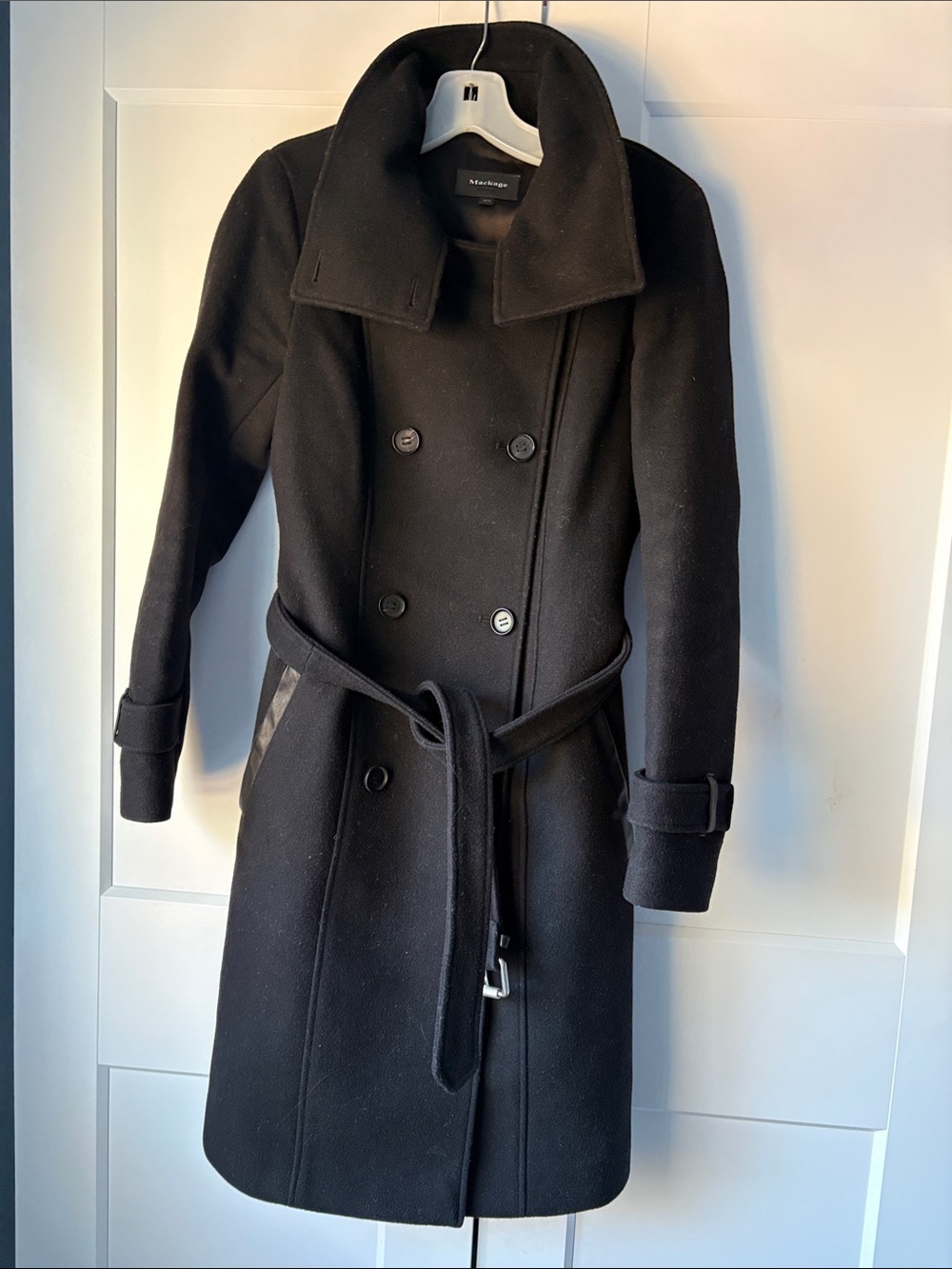 Mackage Black Double-Breasted Belted Wool Coat, Size X-Small